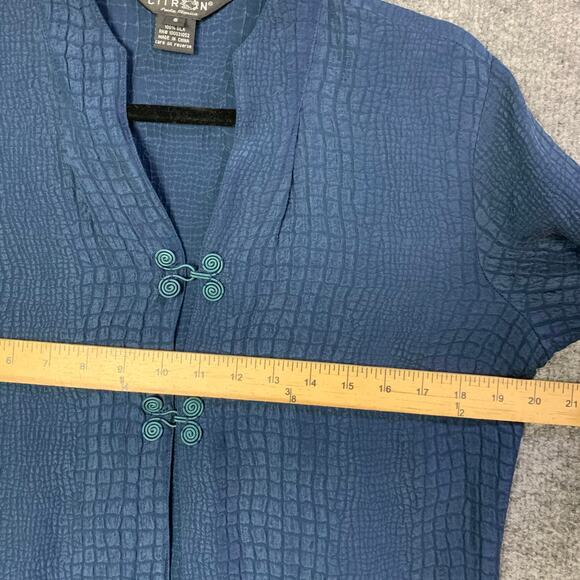Citron 100% Silk Shirt Jacket Small Blue Textured Mandarin Collar Frog Closure - Picture 3 of 8